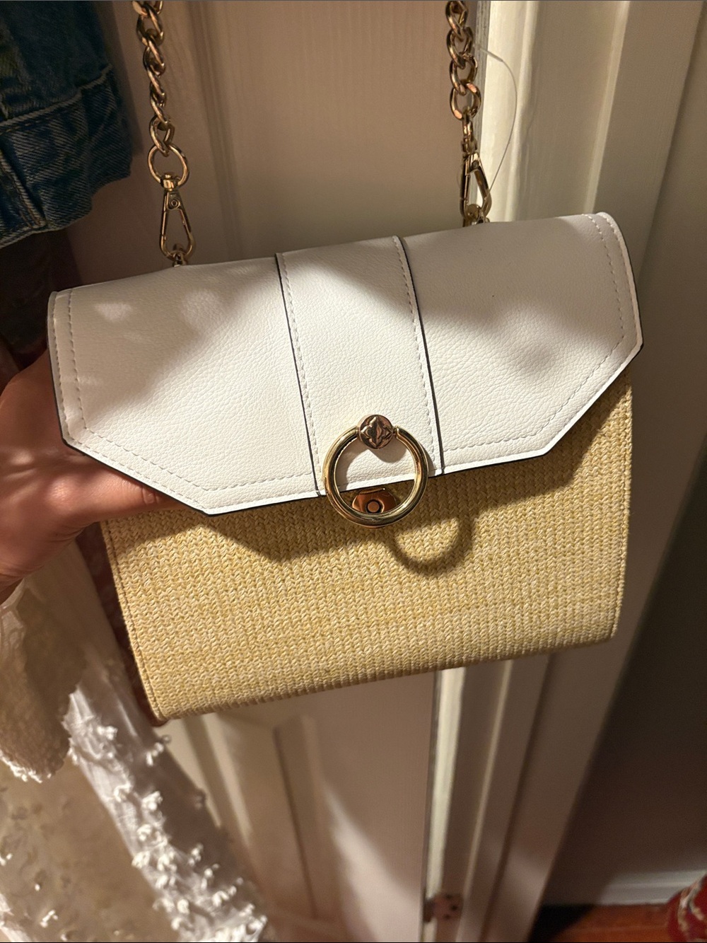 White and Natural Straw Crossbody Bag with Gold Hardware